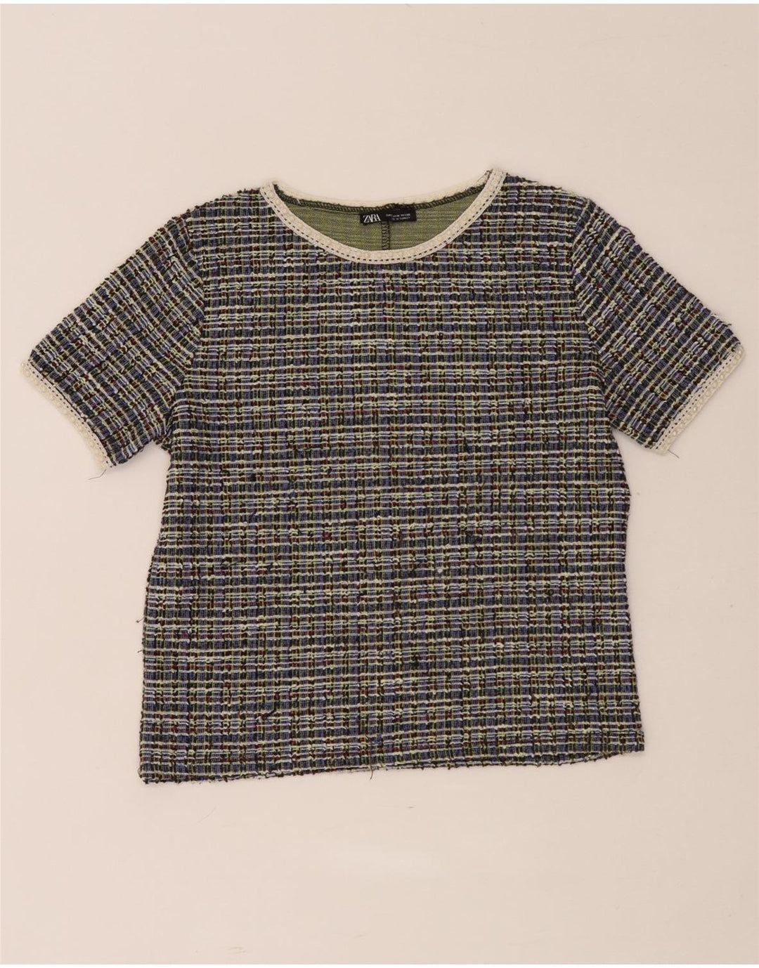 Zara Womens Crop T-Shirt Top UK 12 Medium Multicolore Check Polyester