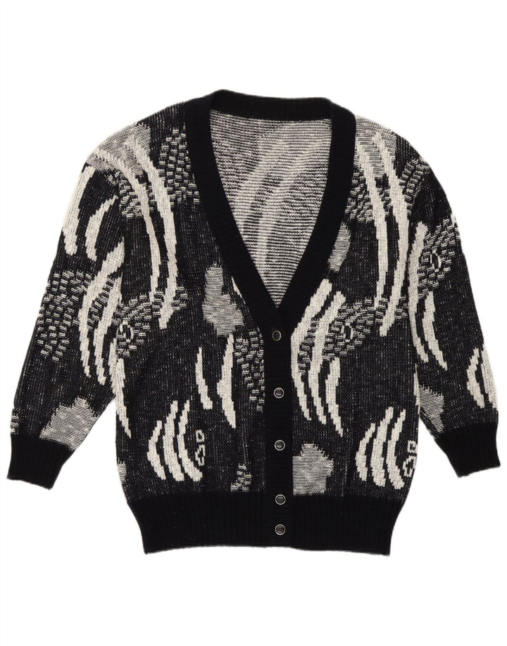 vintage Femme Cardigan Pull IT 42 Moyen Noir Géométrique Polyacrylique
