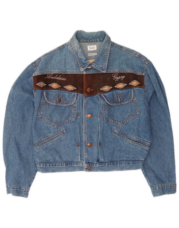vintage Womens Crop Veste en denim surdimensionnée UK 14 Coton bleu moyen
