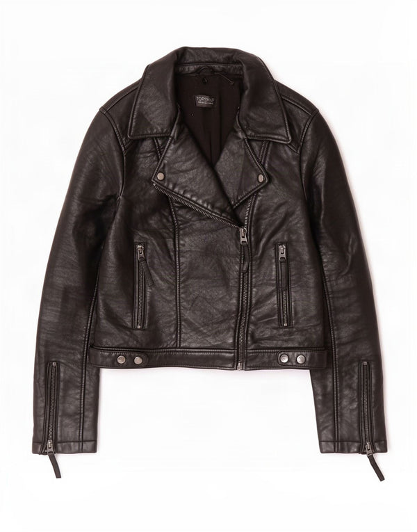 Topshop Veste de motard en cuir pour femme UK 12 Medium Noir