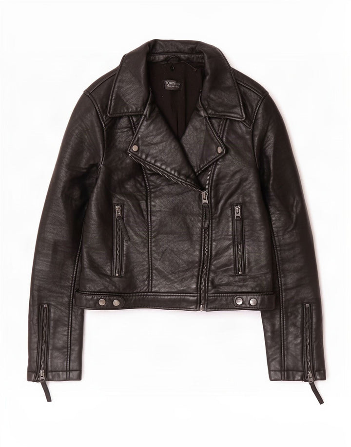 Topshop Veste de motard en cuir pour femme UK 12 Medium Noir
