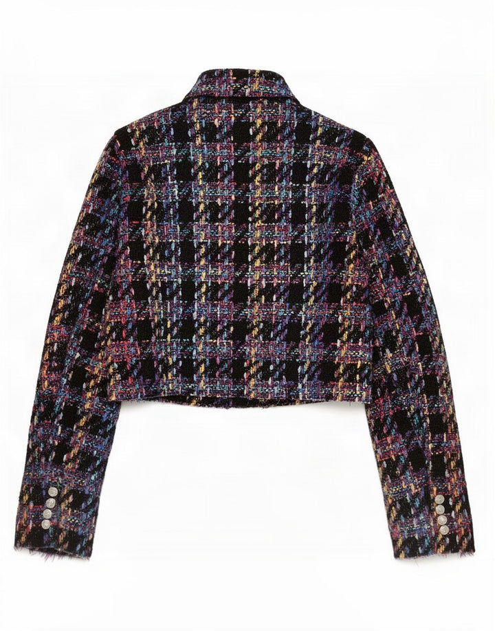 Zara Womens Crop Double Breasted Blazer Jacket UK 14 Grand Plaid Noir