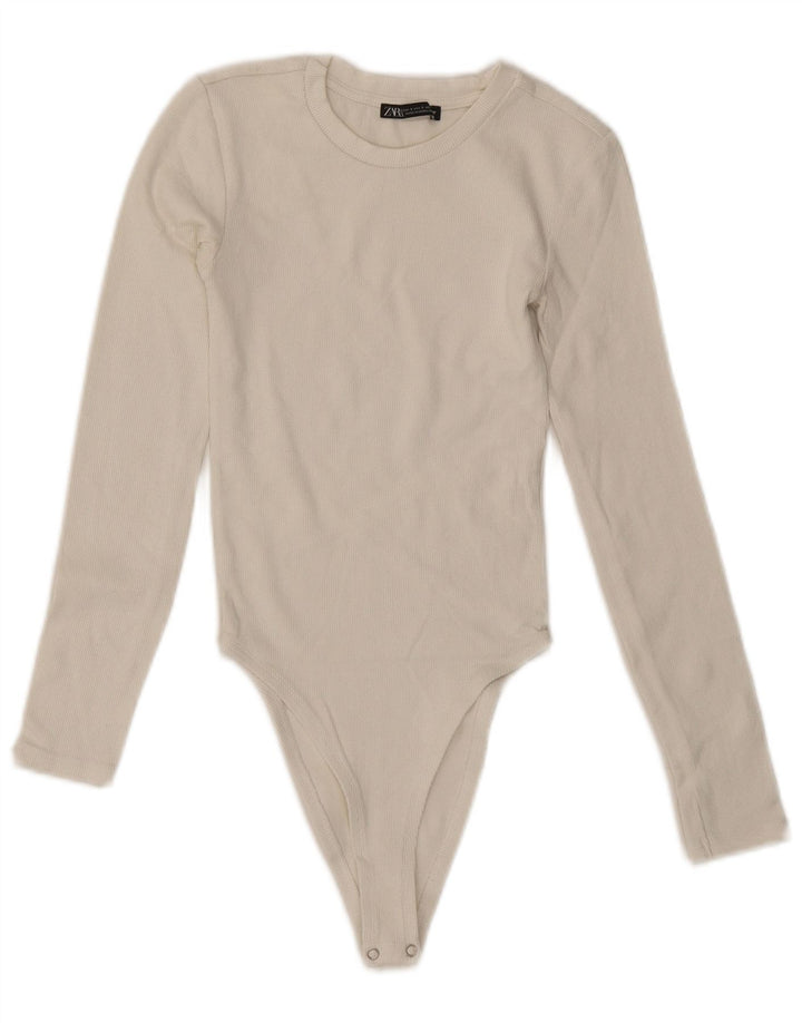 ZARA Body à manches longues pour femme UK 8 Small Blanc Coton
