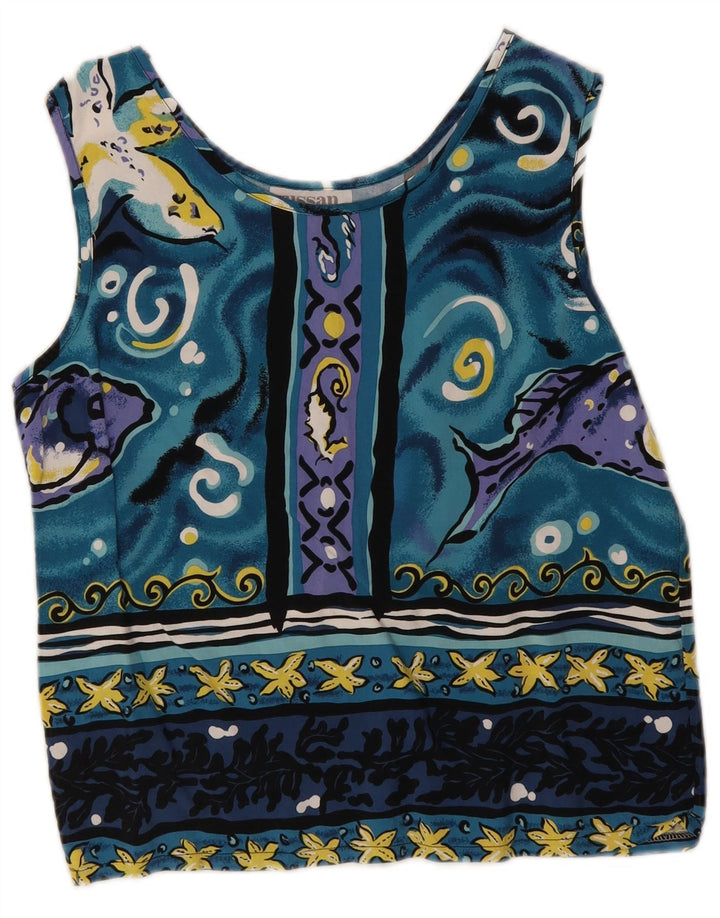 vintage Womens Crop Abstract Pattern Blouse Top UK 12 Bleu Moyen
