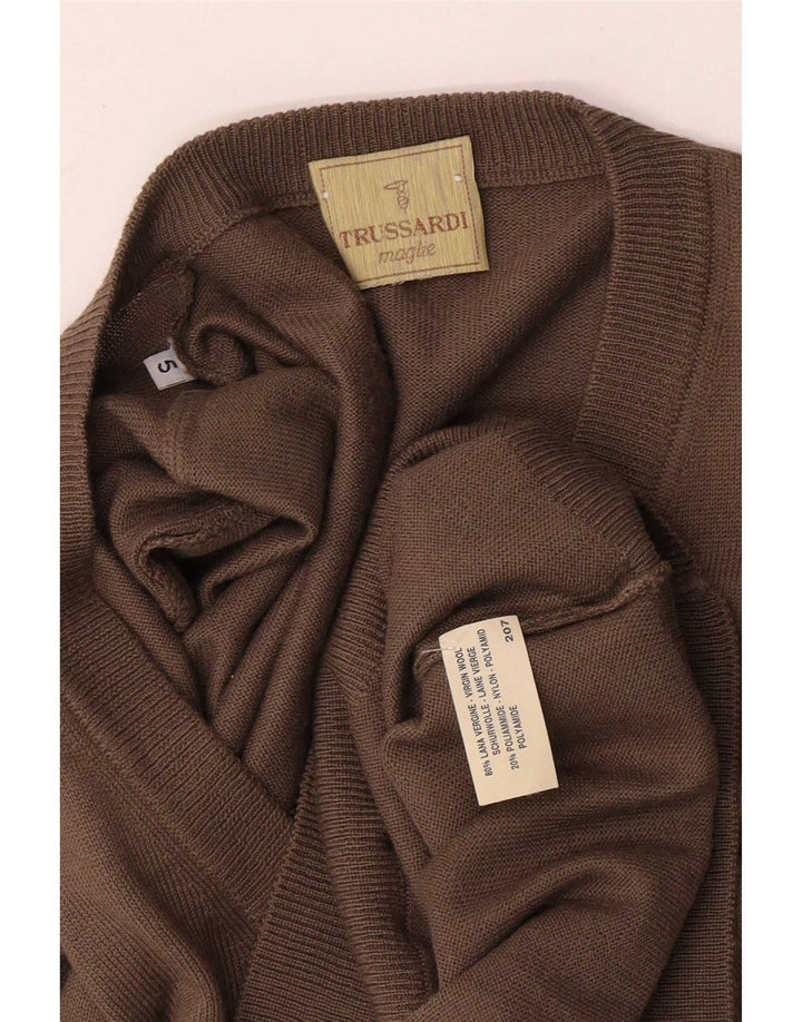 Trussardi Pull Col V Large Marron Laine Vierge Homme