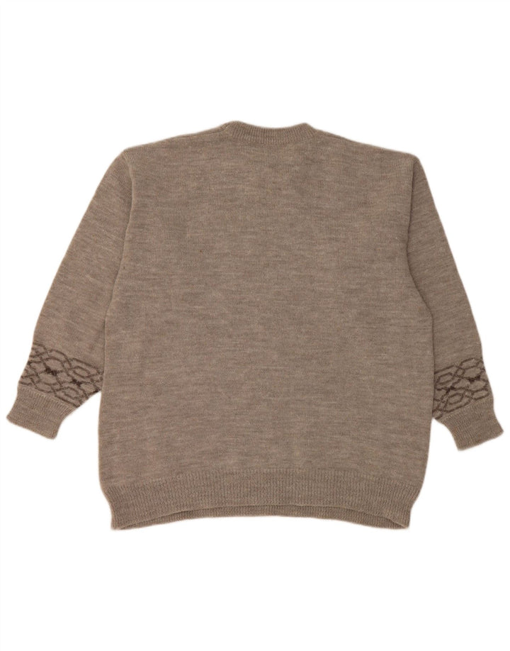 vintage Mens Crew Neck Jumper Pull Grand Gris Fair Isle