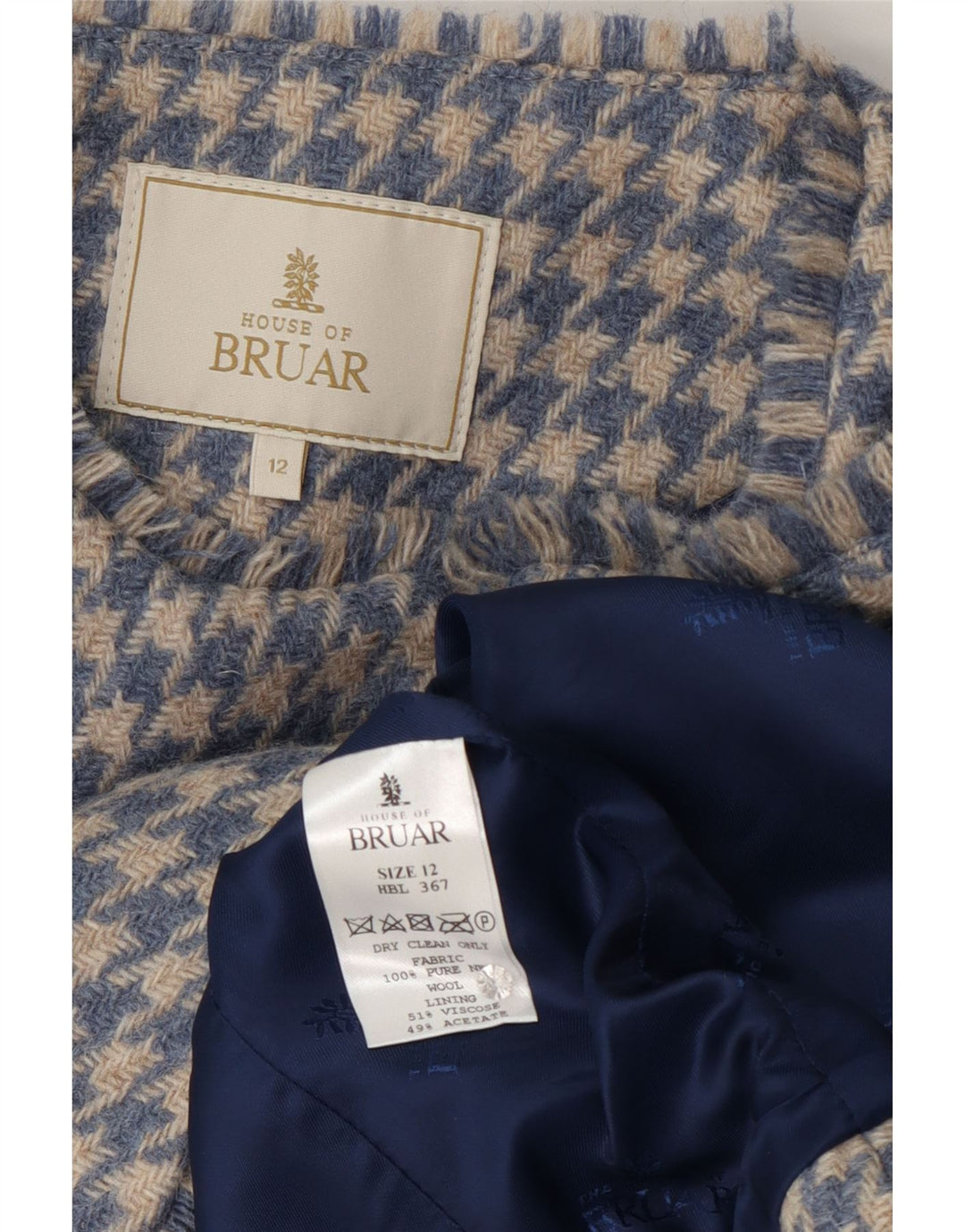 HOUSE OF BRUAR Veste Blazer Femme UK 12 Laine Pied-de-Poule Bleu Moyen