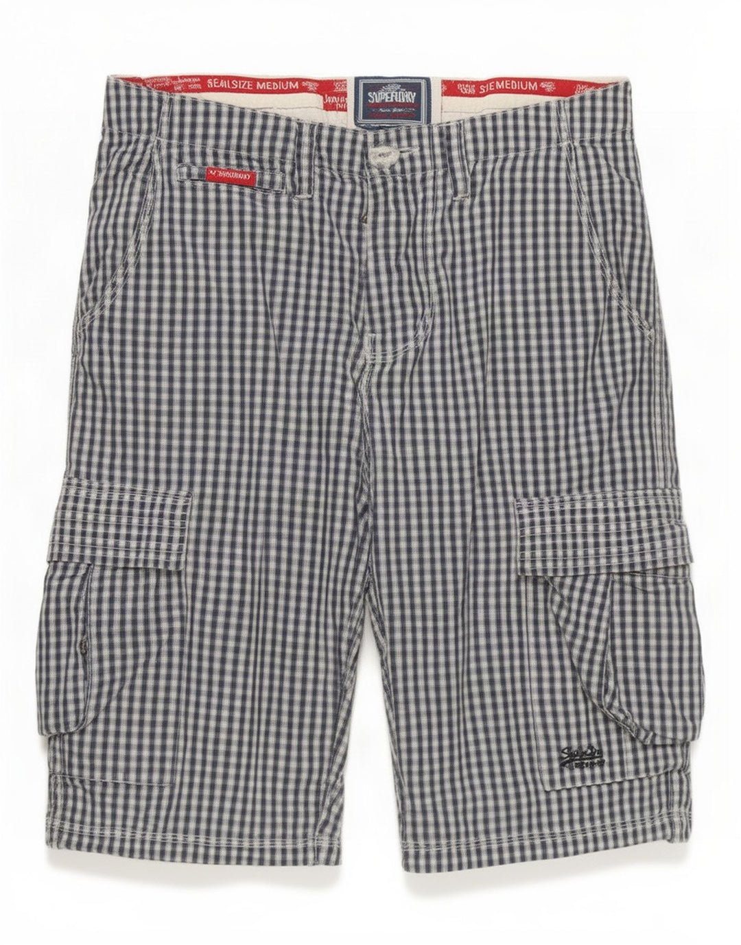 Superdry Short Cargo Homme Moyen W32 Bleu Marine Vichy Coton