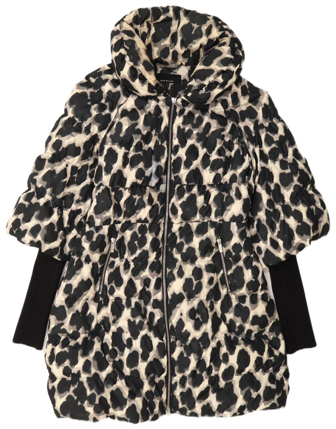 Karen Millen Manteau rembourré pour femme UK 12 Polyester imprimé animal noir moyen