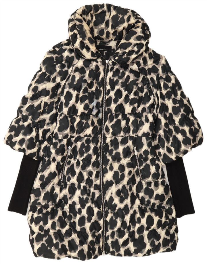 Karen Millen Manteau rembourré pour femme UK 12 Polyester imprimé animal noir moyen