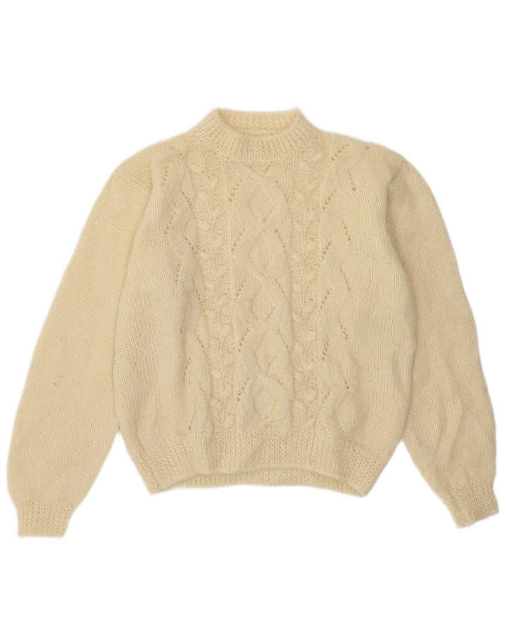 vintage Femmes Turtle Neck Jumper Pull UK 14 Moyen Off White Géométrique