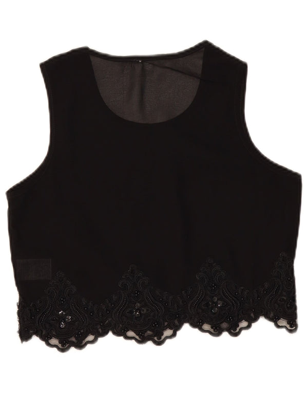 vintage Womens Crop See Through Blouse Top UK 10 Petit Paisley Noir