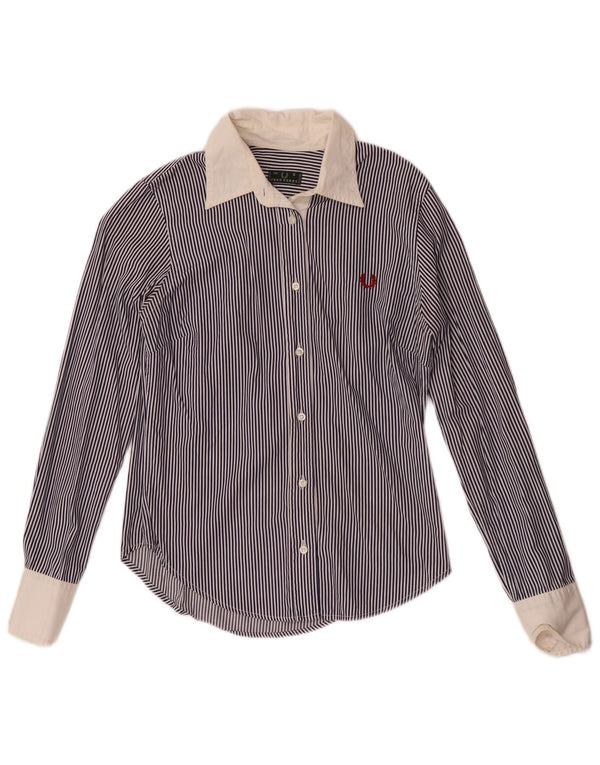 Fred Perry Chemise Femme UK 10 Petit Coton Bleu Marine À Fines Rayures