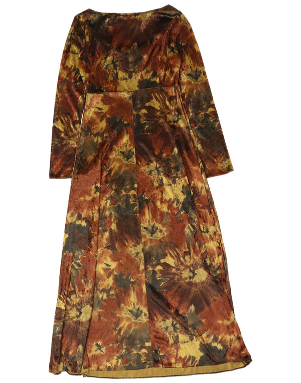 vintage Femmes Manches Longues Velours Maxi Robe UK 12 Medium Brown Tie Dye