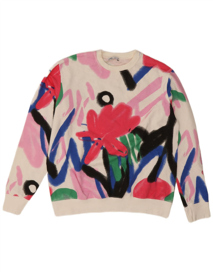 Zara Sweat-shirt surdimensionné graphique pour femme UK 14 Medium Blanc Floral