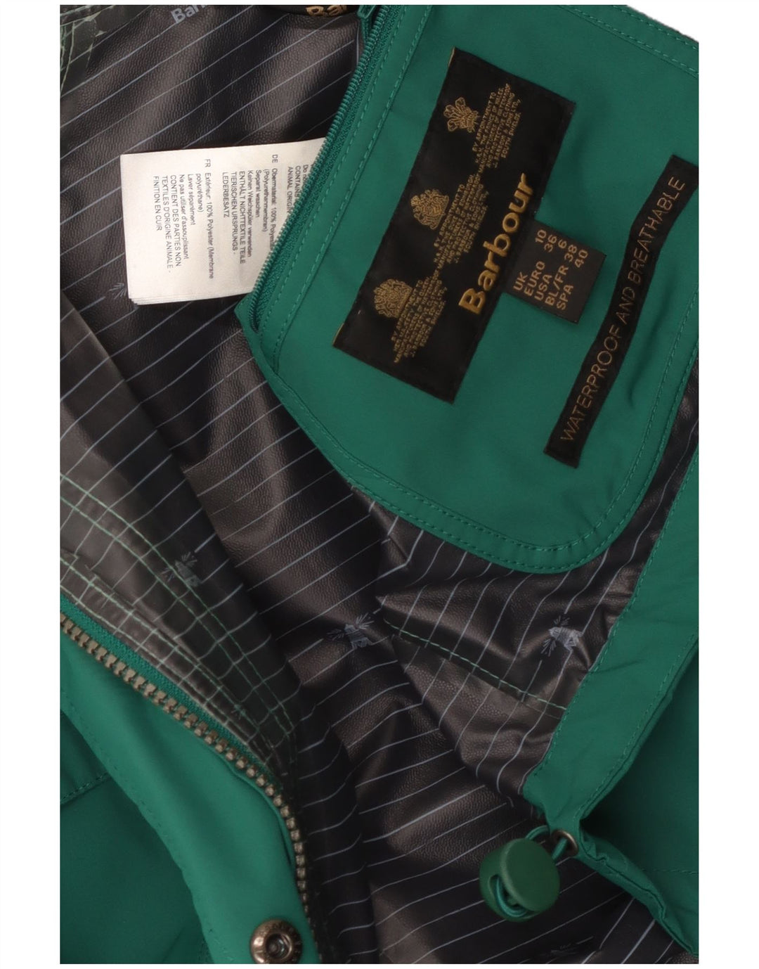 Barbour Veste de pluie à capuche pour femme UK 10 Small Vert Polyester