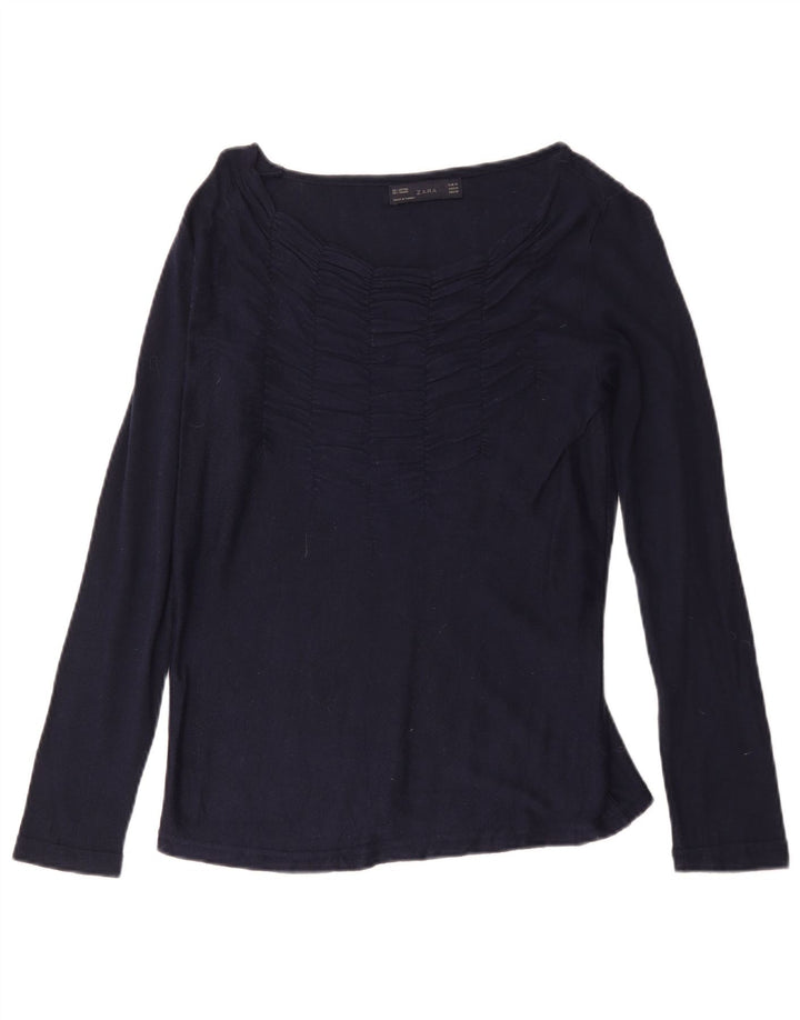 Zara Femme Top Manches Longues UK 12 Moyen Bleu Marine Coton