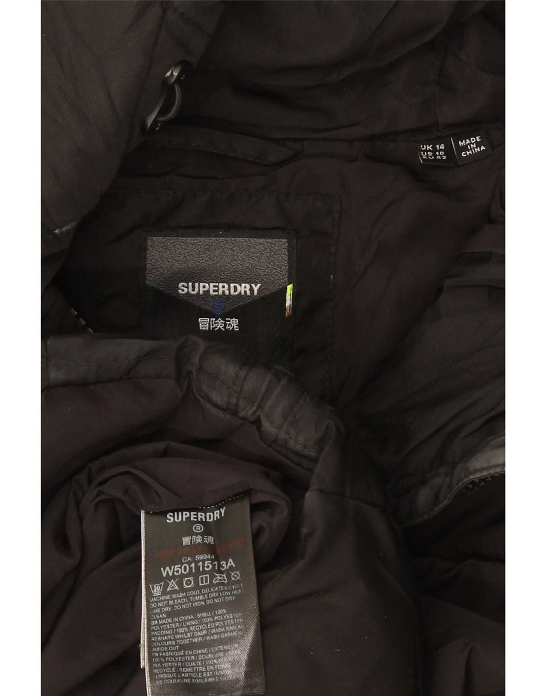 Superdry Veste matelassée à capuche pour femme UK 14 Large Noir Polyester
