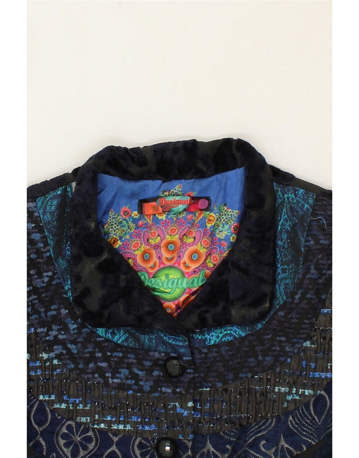 DESIGUAL Womens Graphic Overcoat EU 42 Large Navy Blue Paisley Polyester Vintage Desigual and Second-Hand Desigual from Messina Hembry 
