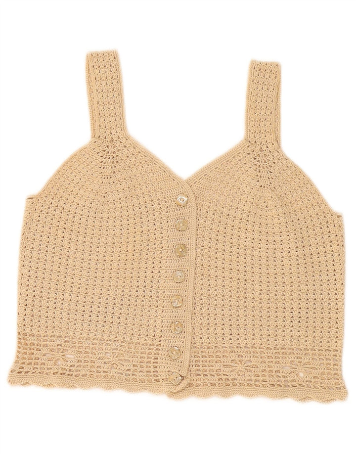 vintage Femmes Crop Blouse Top UK 8 Petit Beige