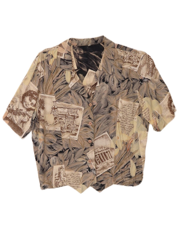 vintage Womens Crop Graphic Shirt Blouse UK 12 Moyen Gris Floral