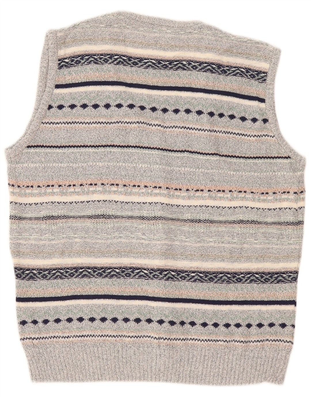 vintage Mens Cardigan sans manches Pull Moyen Gris Rayé Lin