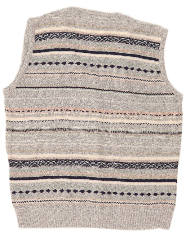 vintage Mens Cardigan sans manches Pull Moyen Gris Rayé Lin