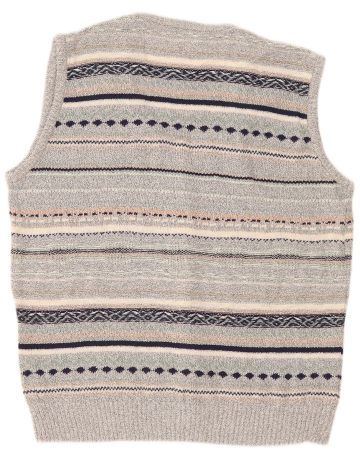 vintage Mens Cardigan sans manches Pull Moyen Gris Rayé Lin
