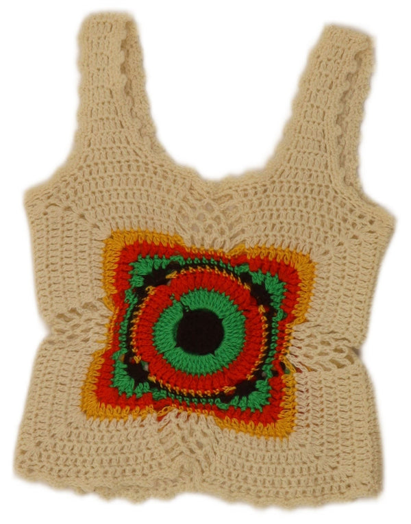 vintage Femmes Crochet Sans Manches Crop Top UK 4 XS Off White Géométrique
