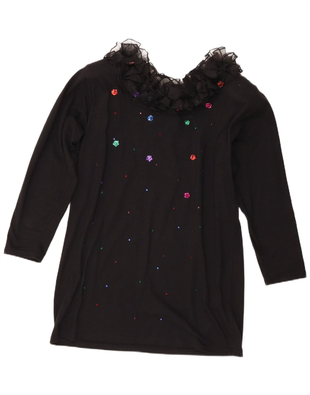 vintage Femmes Ruffle Front Manches Longues Tunique Top UK 16 Grand Coton Noir