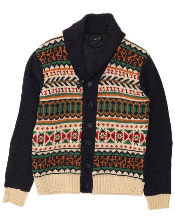 Zara Mens Slim Knit Bomber Jacket UK 40 Large Bleu Marine Fair Isle Wool