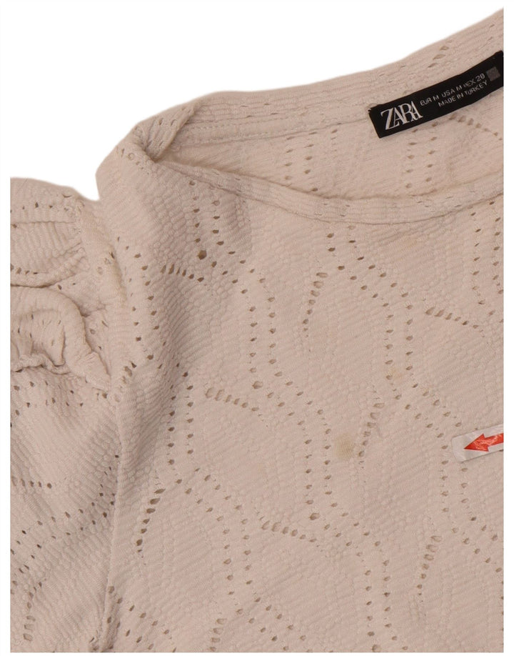 Zara Womens Crop Blouse Top UK 12 Coton Blanc Moyen