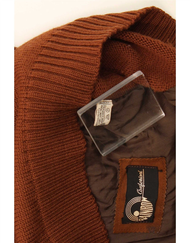 vintage Mens Cardigan Pull Cuir Marron Moyen