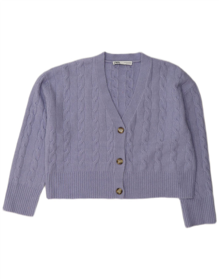 Zara Womens Crop Cardigan Pull UK 14 Violet Moyen Polyester