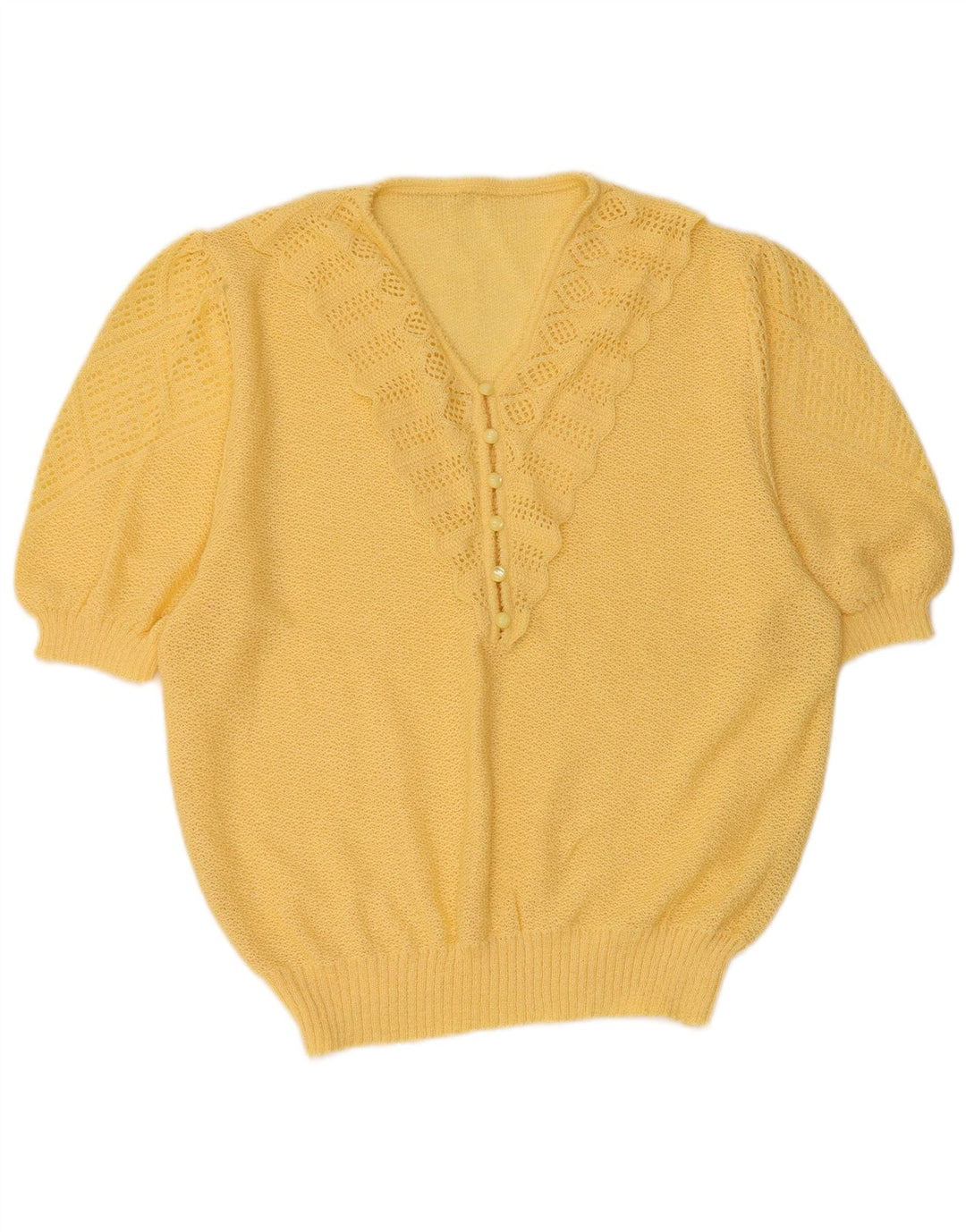 VINTAGE Pull à manches courtes et col en V pour femme UK 16 Grand Jaune