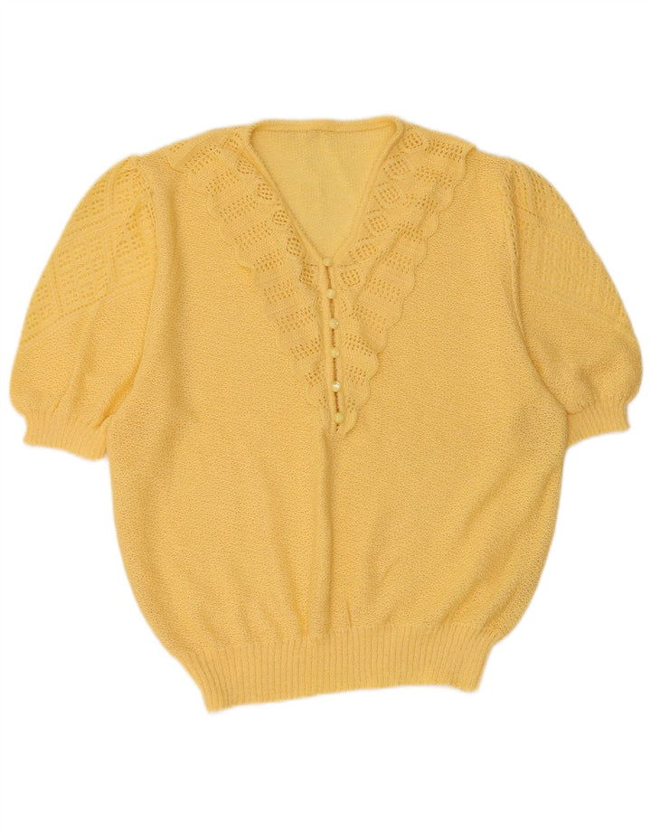 VINTAGE Pull à manches courtes et col en V pour femme UK 16 Grand Jaune