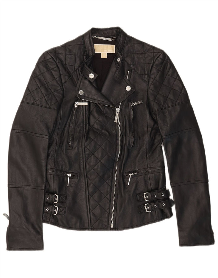 Michael Kors Veste de motard en cuir court pour femme UK 2 2XS Cuir noir