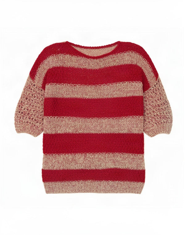 vintage Femmes Voir à travers Crew Neck Jumper Pull UK 16 Grand Rayé Rouge
