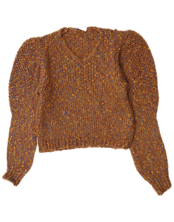 Zara Pull col V pour femme UK 14 Acrylique moucheté marron moyen