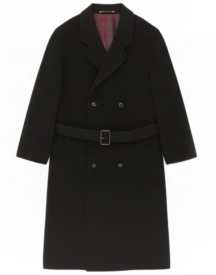 vintage Homme Double Breasted Coat UK 38 Laine Noire Moyenne