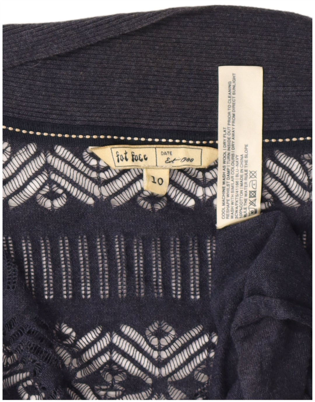 Fat Face Cardigan asymétrique pour femme UK 10 Petit coton bleu marine