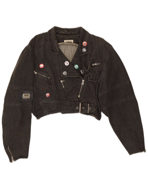 vintage Femmes Surdimensionné Crop Denim Biker Veste UK 14 Moyen Noir Coton