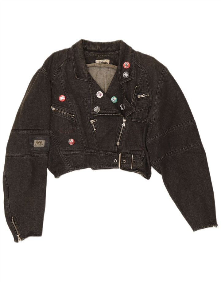 vintage Femmes Surdimensionné Crop Denim Biker Veste UK 14 Moyen Noir Coton