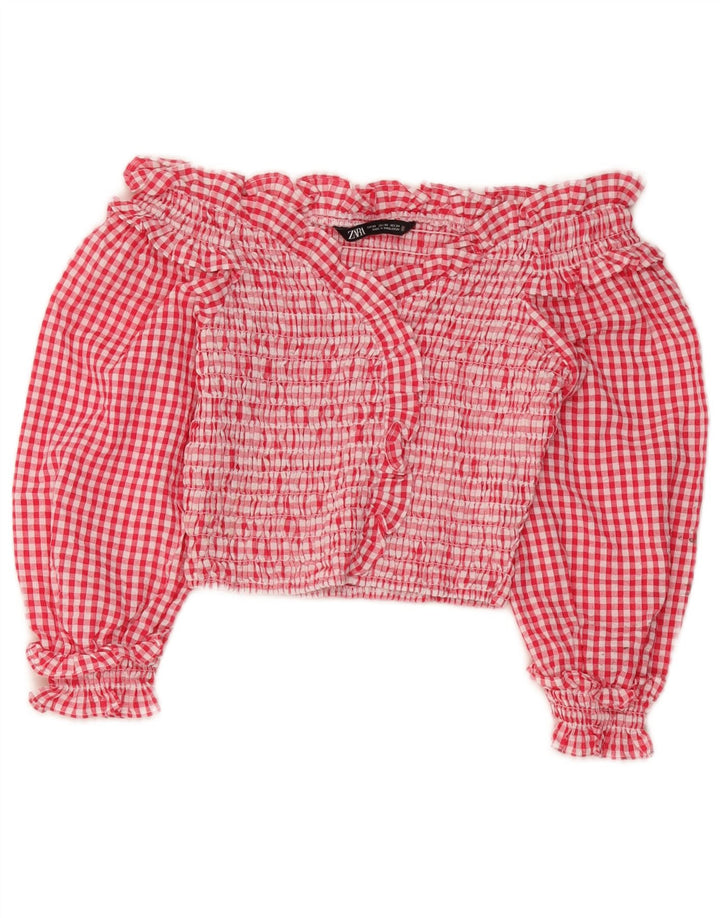 Zara Femmes Crop 3/4 Manches Hors Épaule Top UK 4 XS Rouge Vichy Polyester