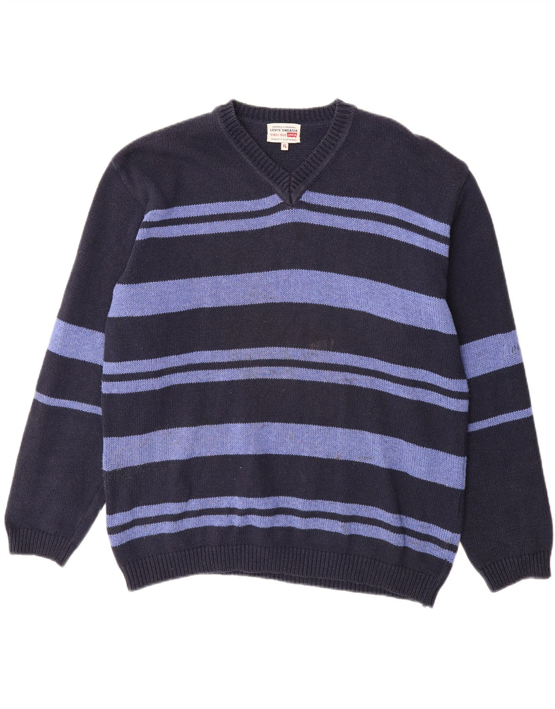 LEVI'S Mens V-Neck Jumper Sweater XL Navy Blue Striped Polyacrylic Vintage Levi's and Second-Hand Levi's from Messina Hembry 