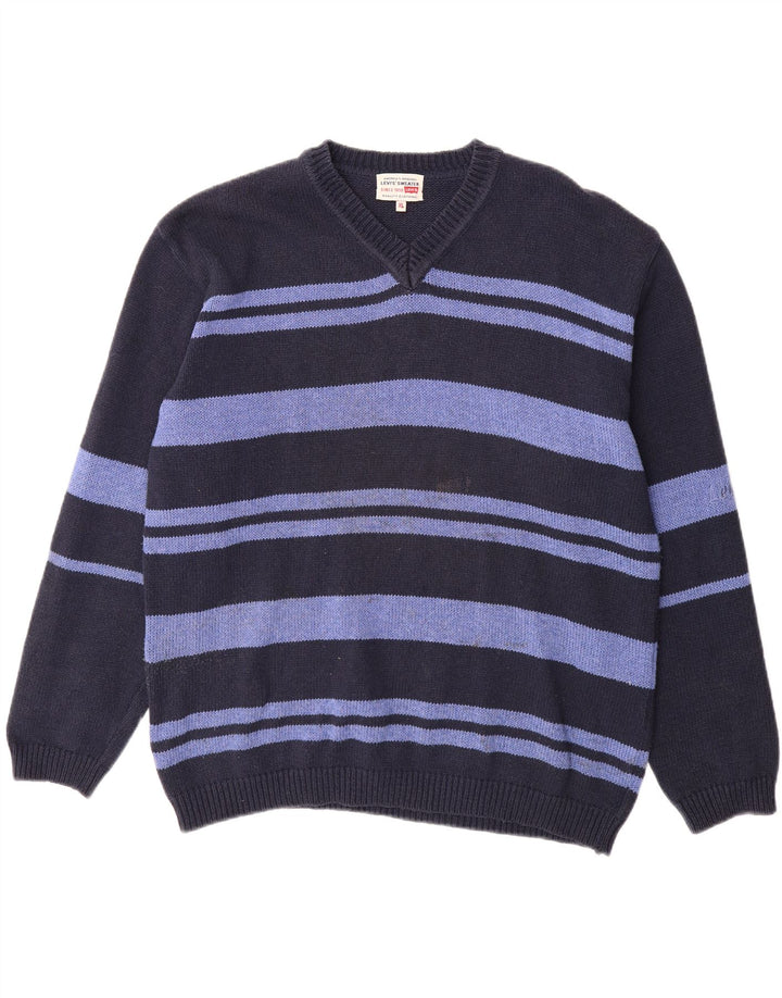 LEVI'S Mens V-Neck Jumper Sweater XL Navy Blue Striped Polyacrylic Vintage Levi's and Second-Hand Levi's from Messina Hembry 