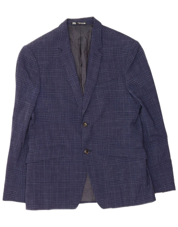 Zara Veste Blazer 2 Boutons Homme EU 52 Large Bleu Marine Pied-de-Poule
