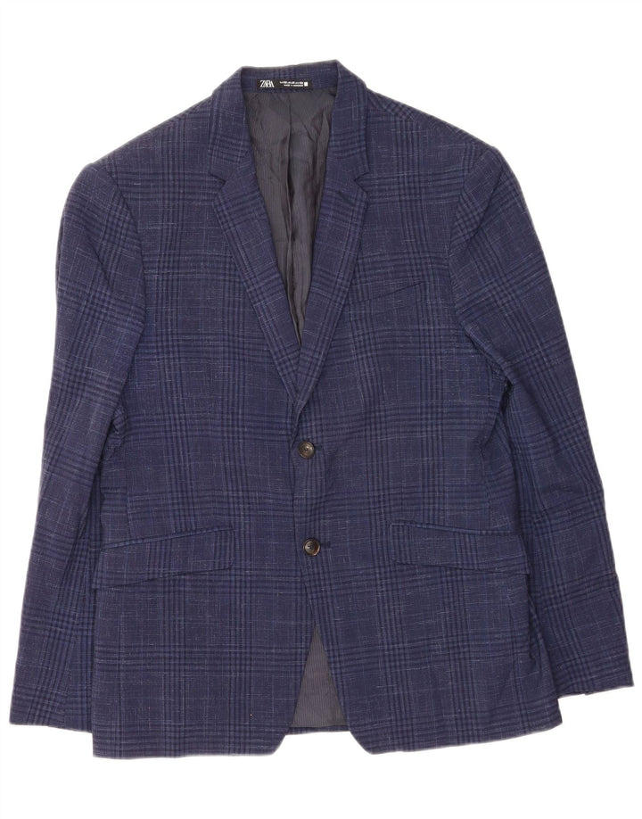 Zara Veste Blazer 2 Boutons Homme EU 52 Large Bleu Marine Pied-de-Poule