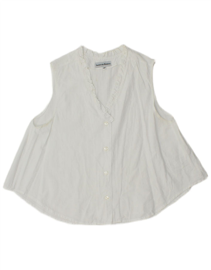 vintage Femmes Sans Manches Volant Avant Chemise Blouse UK 14 Moyen Blanc