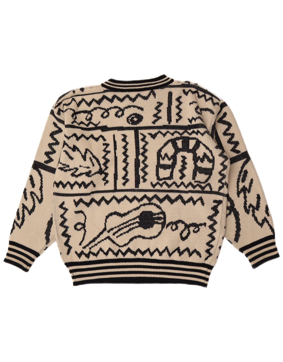 vintage Mens Abstract Pattern Crew Neck Jumper Pull Grand Beige